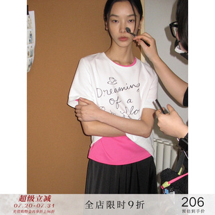 popchrio 女夏 印花字母正肩短袖 T恤宽松显瘦白色圆领上衣打底衫