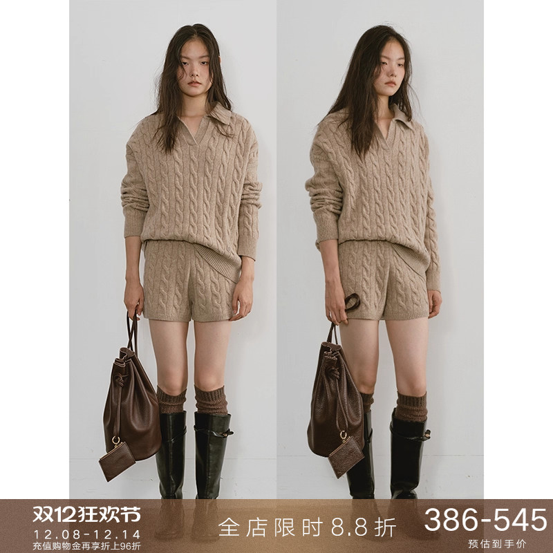 popchrio复古绞花毛衣短裤套装