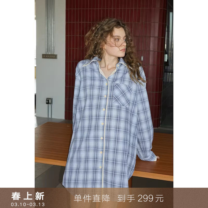 【到手299元】设计感假两件格子衬衫裙子叠穿长袖连衣裙中长款女