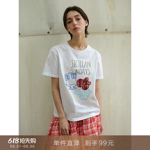 原创刺绣花朵圆领宽松短袖T恤