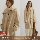 popchrio 毛呢外套女冬 羊绒羊毛混纺围巾小立领双面呢大衣中长款