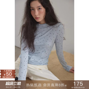 T恤复古修身 显瘦内搭上衣女 莱赛尔亲肤波点半高领长袖 popchrio