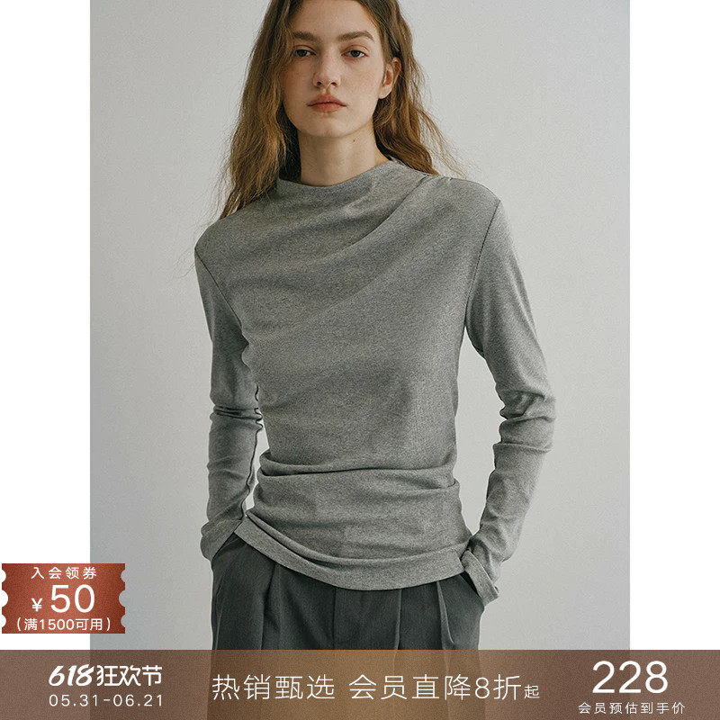 popchrio◆半高领褶皱不对称长袖T恤修身显瘦内搭上衣打底体恤衫