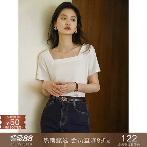 popchrio复古方领短袖锁骨上衣