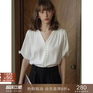 popchrio V领白色泡泡袖 遮肉T恤设计感chic宽松白色衬衫 女夏 法式