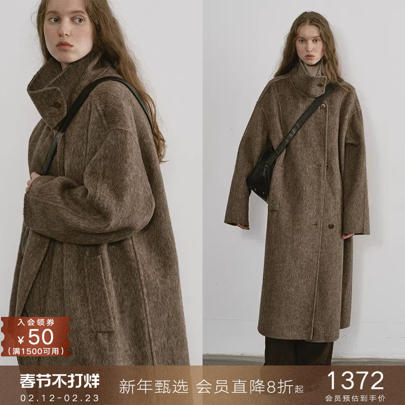 popchrio◆重磅立领驼绒羊毛混纺双面呢大衣宽松加厚长款毛呢外套