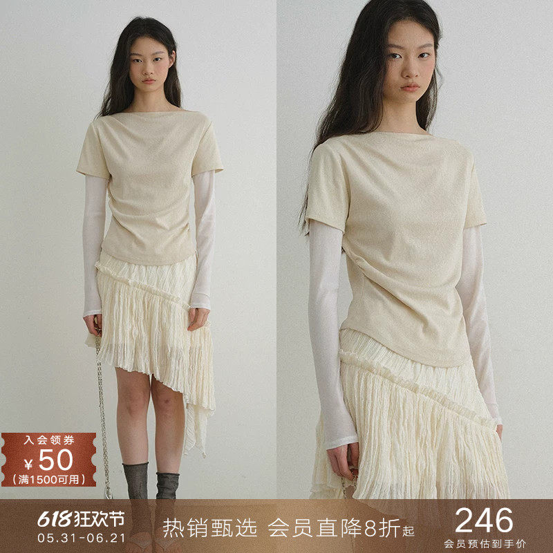 popchrio◆亚麻混纺网纱拼接一字领长袖T恤宽松褶皱假两件上衣女