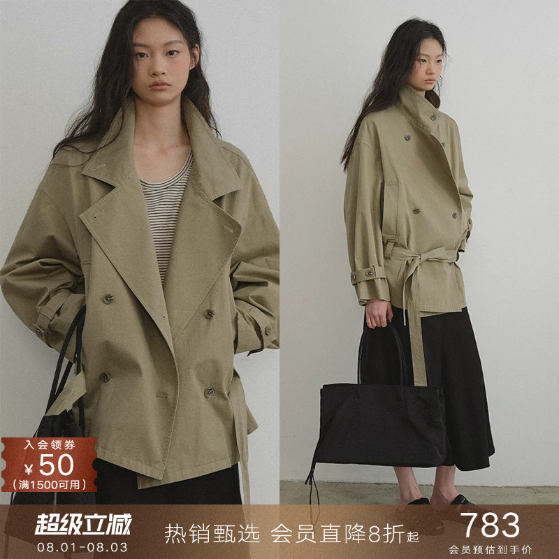 popchrio◆复古洗褪纯棉立翻领低腰系带风衣小个子宽松短款外套女 - 实物图