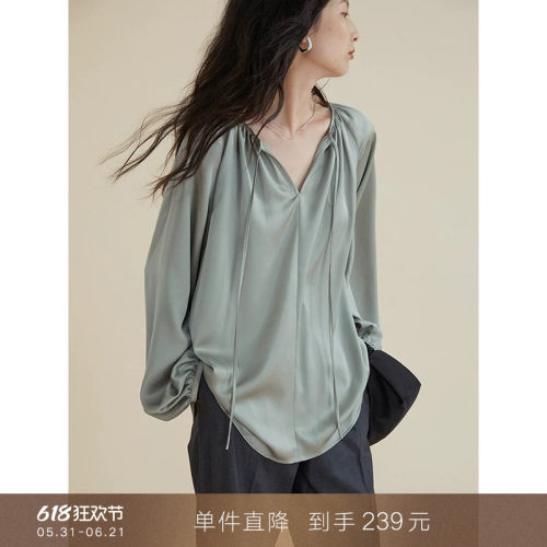 popchrio慵懒风气质v领系带衬衫