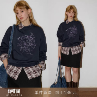 宽松套头上衣女 原创手绘复古印花双面廓形卫衣长袖 到手189元