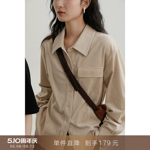 popchrio醋纤混纺长袖灯芯绒衬衫