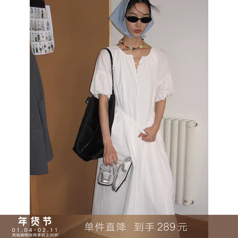 【到手289元】法式棉麻感花苞泡泡短袖连衣裙宽松收腰显瘦长裙子,女装/女士精品,连衣裙,淘宝优惠券,粉丝福利购,淘宝优惠卷