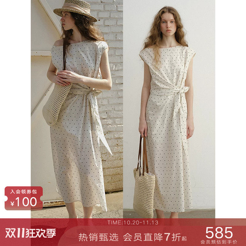 popchrio◆设计感波点不规则系带收腰无袖连衣裙显瘦直筒中长裙子