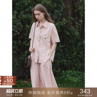 宽松休闲衬衫 高腰半身裙A字伞裙子 莱赛尔牛仔落肩短袖 popchrio