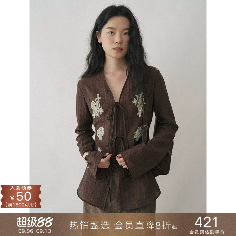 popchrio◆东方松弛感蕾丝V领喇叭袖系带衬衫高级宽松长袖衬衣女