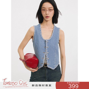 「Tomato Girl」小香风肌理感水洗牛仔马甲叠穿背心马夹小个子女