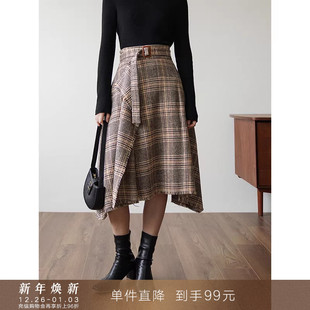 复古格子不规则半身裙A字毛呢伞裙中长款 手工拉毛 女 到手99元