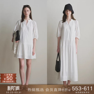 popchrio 连衣裙度假风白色中长短裙子女 别致镂空蕾丝泡泡半中袖