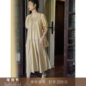 连衣裙白色宽松长裙子女 复古U领抽绳褶皱泡泡袖 到手259元 法式