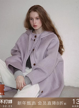 popchrio◆设计感羊毛连帽双面呢大衣小个子灰色毛呢外套中长款女