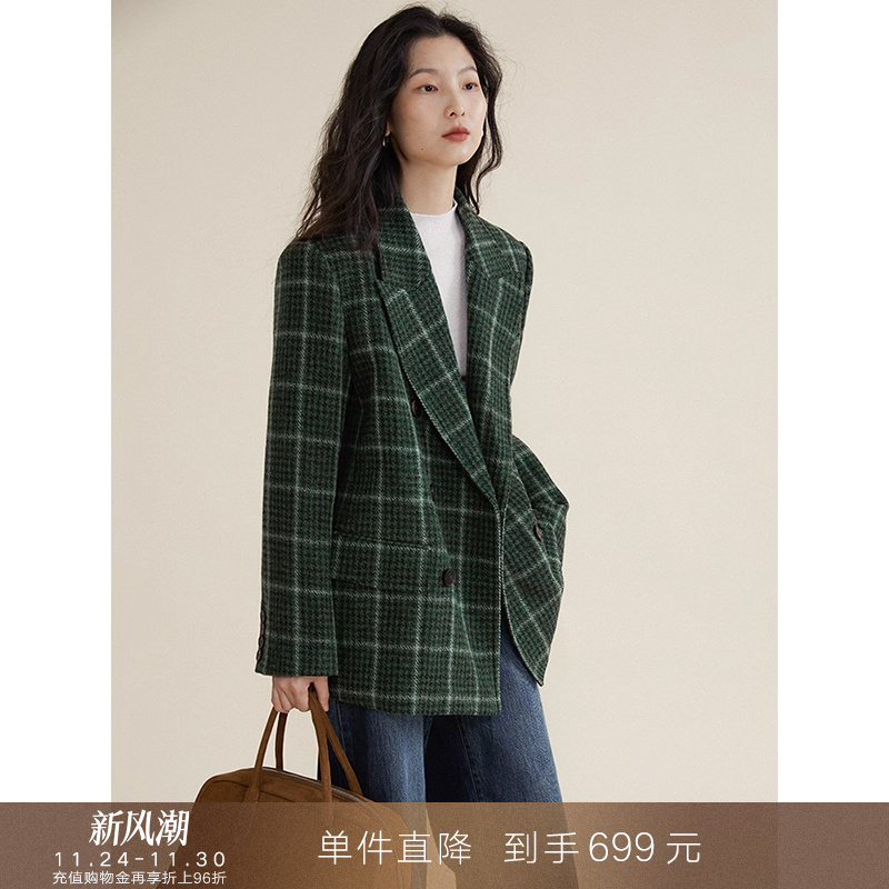 popchrio复古格纹毛呢西装外套