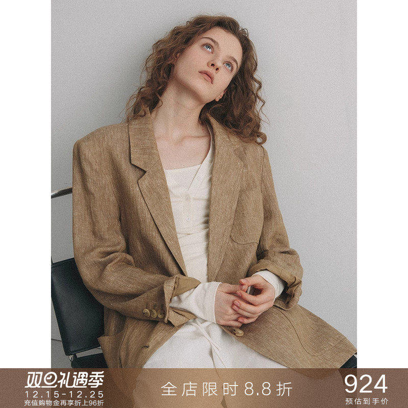 popchrio亚麻休闲廓形西装外套