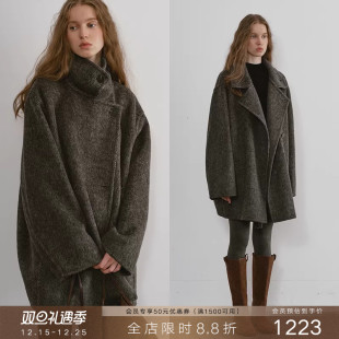 popchrio 毛呢外套女 茧型加厚立翻领驼绒羊毛双面呢大衣宽松短款