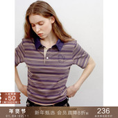 T恤宽松休闲马球衫 popchrio miu系撞色条纹polo翻领短袖 通勤上衣