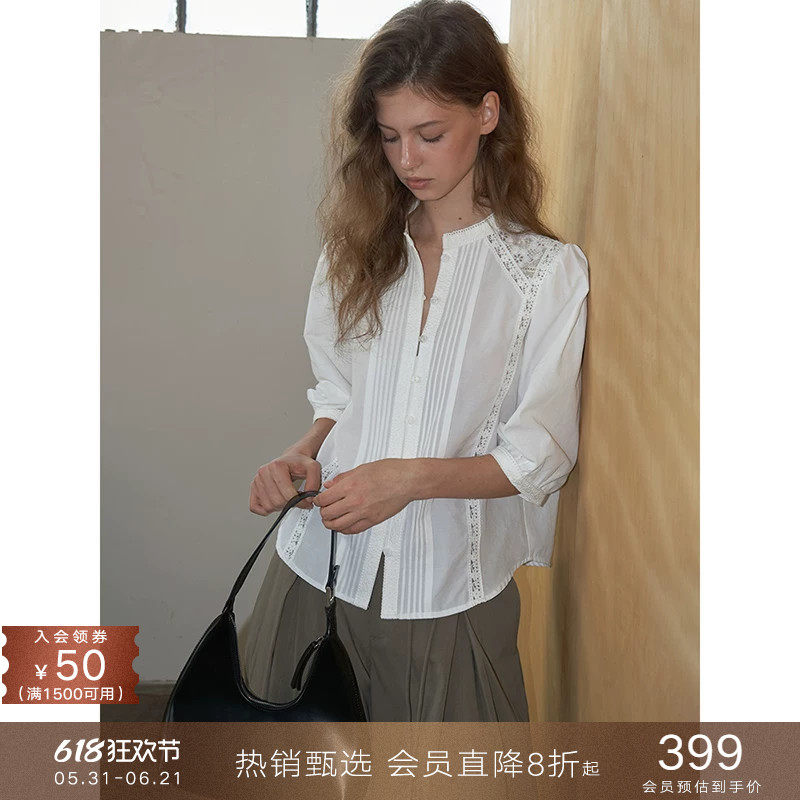 popchrio宫廷风蕾丝拼接半袖衬衫