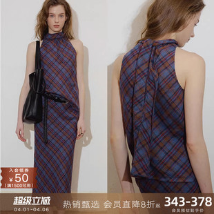 外穿法式 露肩吊带上衣女夏 100%亚麻格子挂脖小背心无袖 popchrio
