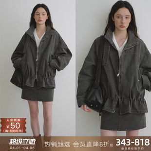 外套半身短裙子套装 女春 复古水洗纯棉立领夹克低腰短款 popchrio