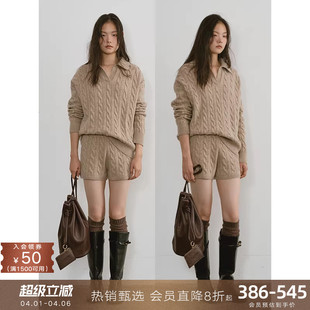 popchrio 短裤 套装 全羊毛复古绞花毛衣polo领套头学院风针织毛衫
