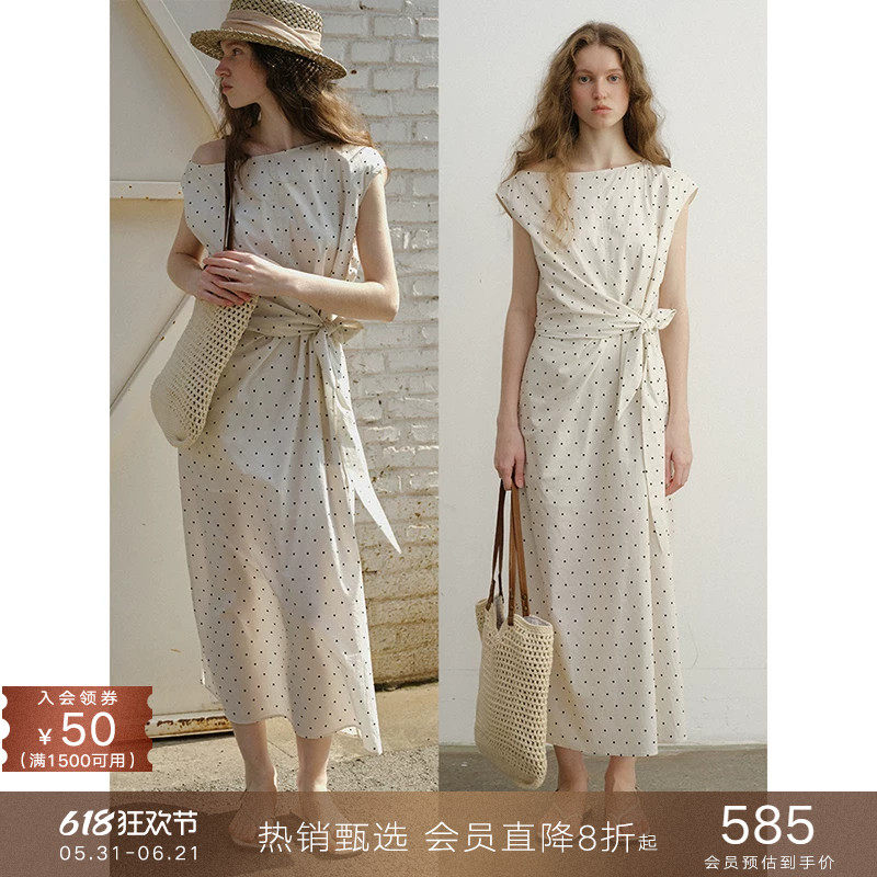 popchrio◆设计感波点不规则系带收腰无袖连衣裙显瘦直筒中长裙子