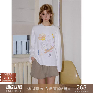 popchrio 原创手绘印花圆领长袖 T恤休闲宽松打底衫 快乐小狗