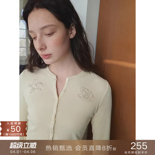 popchrio T恤修身 显瘦内搭棉感上衣打底衫 海洋风刺绣亨利领长袖