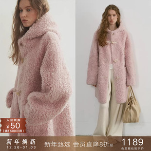 popchrio 100%绵羊毛加厚毛绒连帽大衣牛角扣粉色小个子毛毛外套