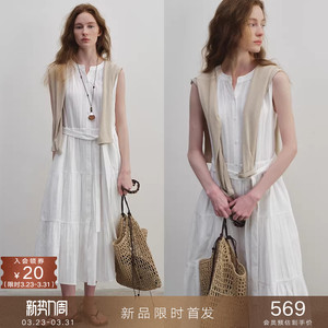 03/23新品 提花肌理圆领无袖连衣裙度假风纯棉宽松长款白色背心裙
