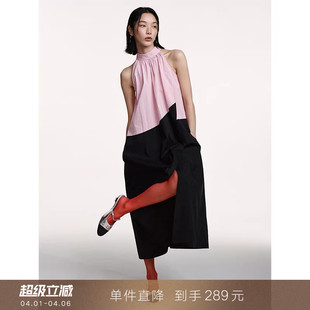 撞色拼接挂脖无袖 连衣裙露肩A字裙宽松背心长裙子女 到手289元