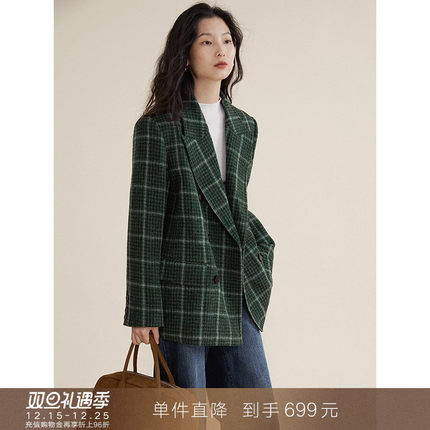 【到手699元】复古绿格100羊毛毛呢西装高级感呢子西服大衣外套女
