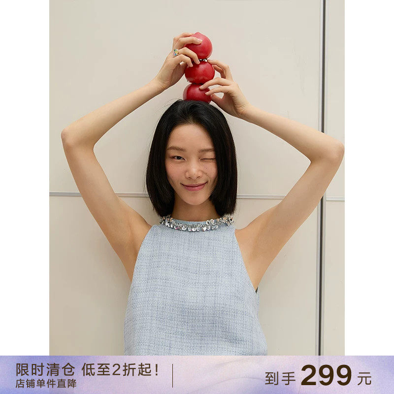 【到手299元】重工珠片挂脖小香风连衣裙无袖显瘦吊带背心裙女