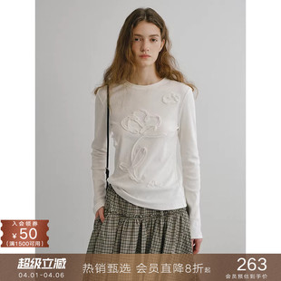 T恤宽松白色上衣打底衫 女 原创手绘花朵盘带绣圆领长袖 popchrio