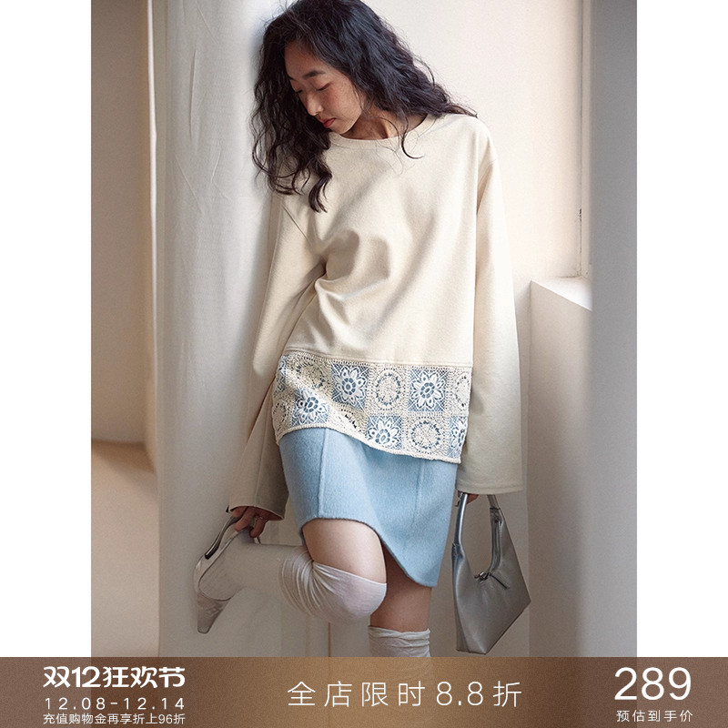 popchrio重工圆领钩花拼接卫衣