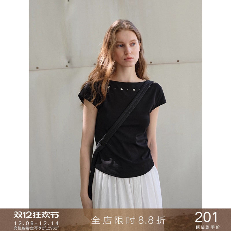 popchrio贝壳印花一字肩短袖T恤