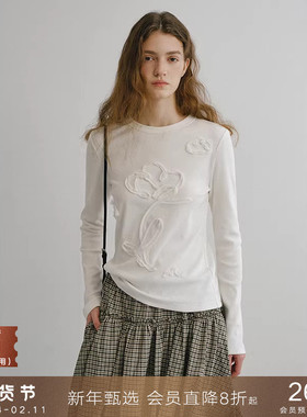 popchrio◆原创手绘花朵盘带绣圆领长袖T恤宽松白色上衣打底衫女