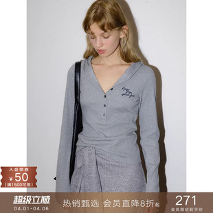 popchrio T恤修身 显瘦针织衫 上衣女 撞色刺绣设计感运动连帽长袖