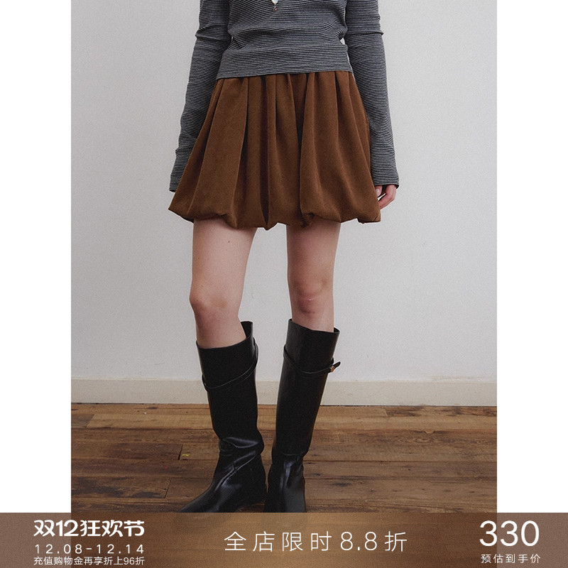 popchrio磨毛麂皮花苞半身裙