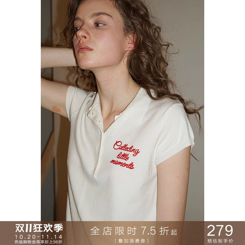 popchrio◆复古撞色刺绣小飞短袖polo领针织亨利衫法式上衣女夏