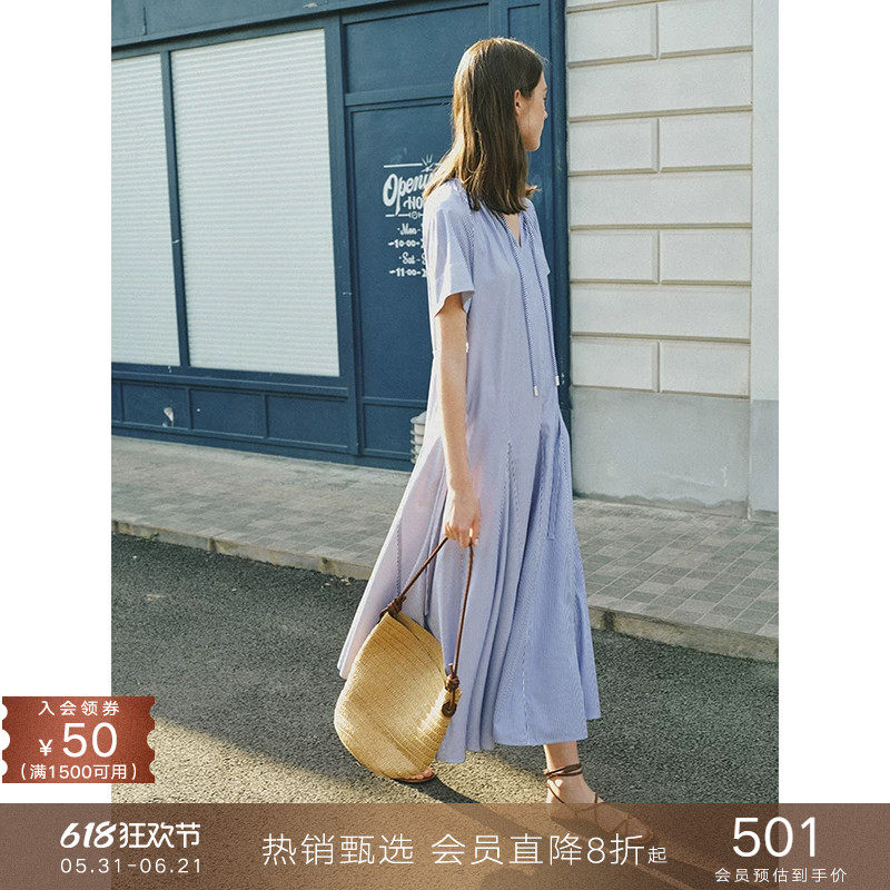 popchrio◆法式抽绳褶皱条纹v领系带短袖连衣裙大裙摆a字长裙子女