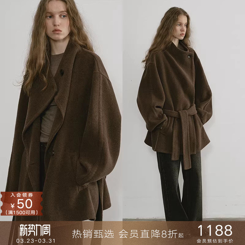 popchrio◆羊绒蚕丝混纺松弛感低腰羊毛双面呢大衣毛呢短外套女冬