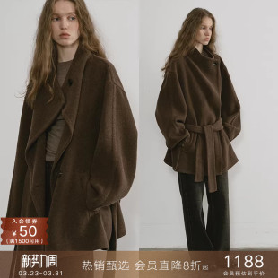 popchrio 羊绒蚕丝混纺松弛感低腰羊毛双面呢大衣毛呢短外套女冬